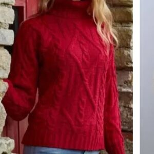 NWT Aran Mor Irish wool Women's Red Cable Knit turtleneck Sweater fisherman